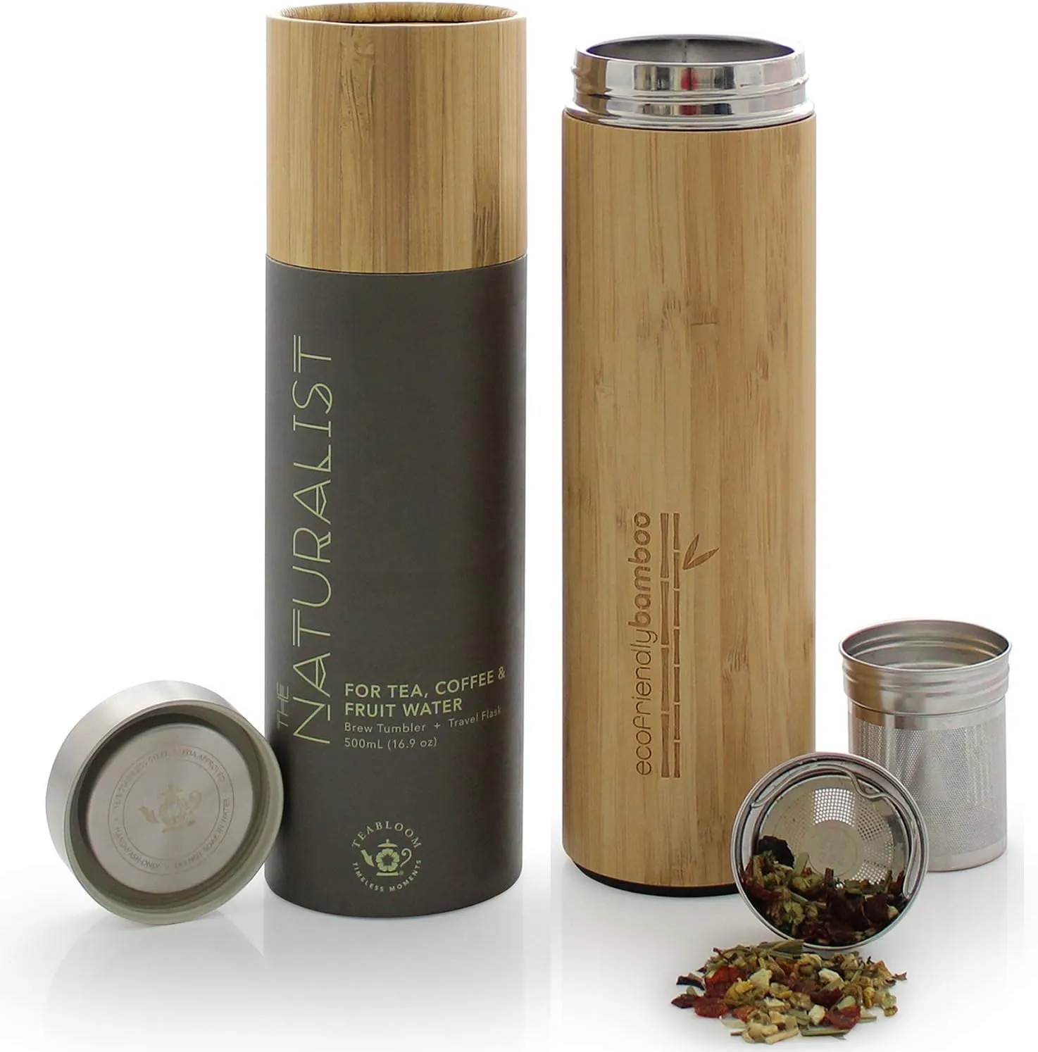 Teabloom All-Beverage Travel Tumbler – Large Capacity 17 oz / 500 ml – Insulated Thermos Mug – Eco-Friendly Bamboo – Hot and Cold Tea Infuser – Cold-Brew Coffee – Fruit-Infused Water – The Naturalist