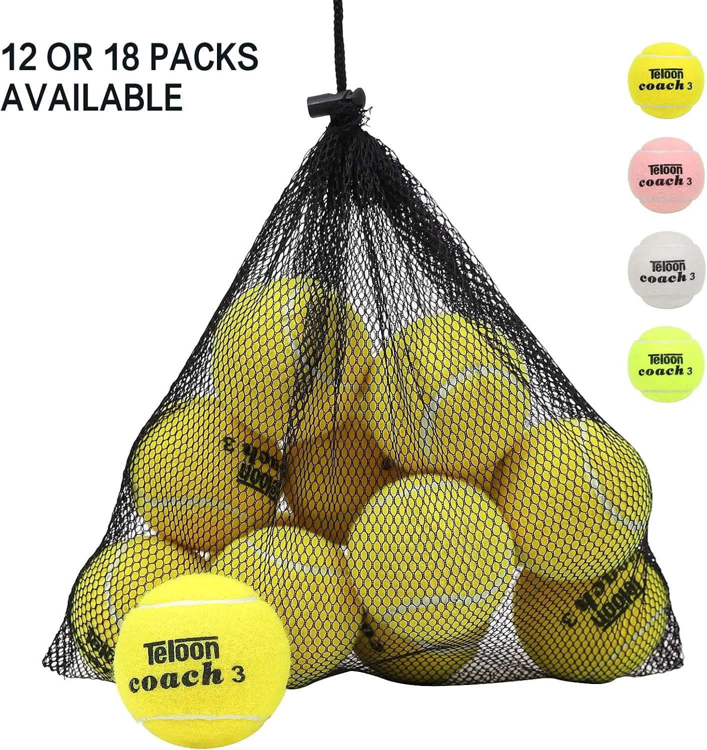 Teloon Pressure Training Tennis Balls-12 or 18 Count-Mesh Carry Bag，4 Colors Available，Pressureless Training Exercise Tennis Balls for Beginners.