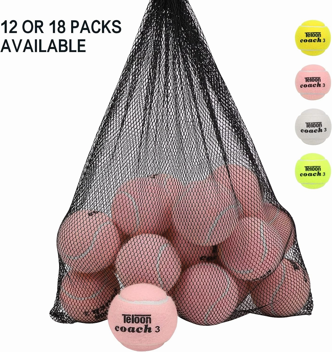 Teloon Pressure Training Tennis Balls-12 or 18 Count-Mesh Carry Bag，4 Colors Available，Pressureless Training Exercise Tennis Balls for Beginners.