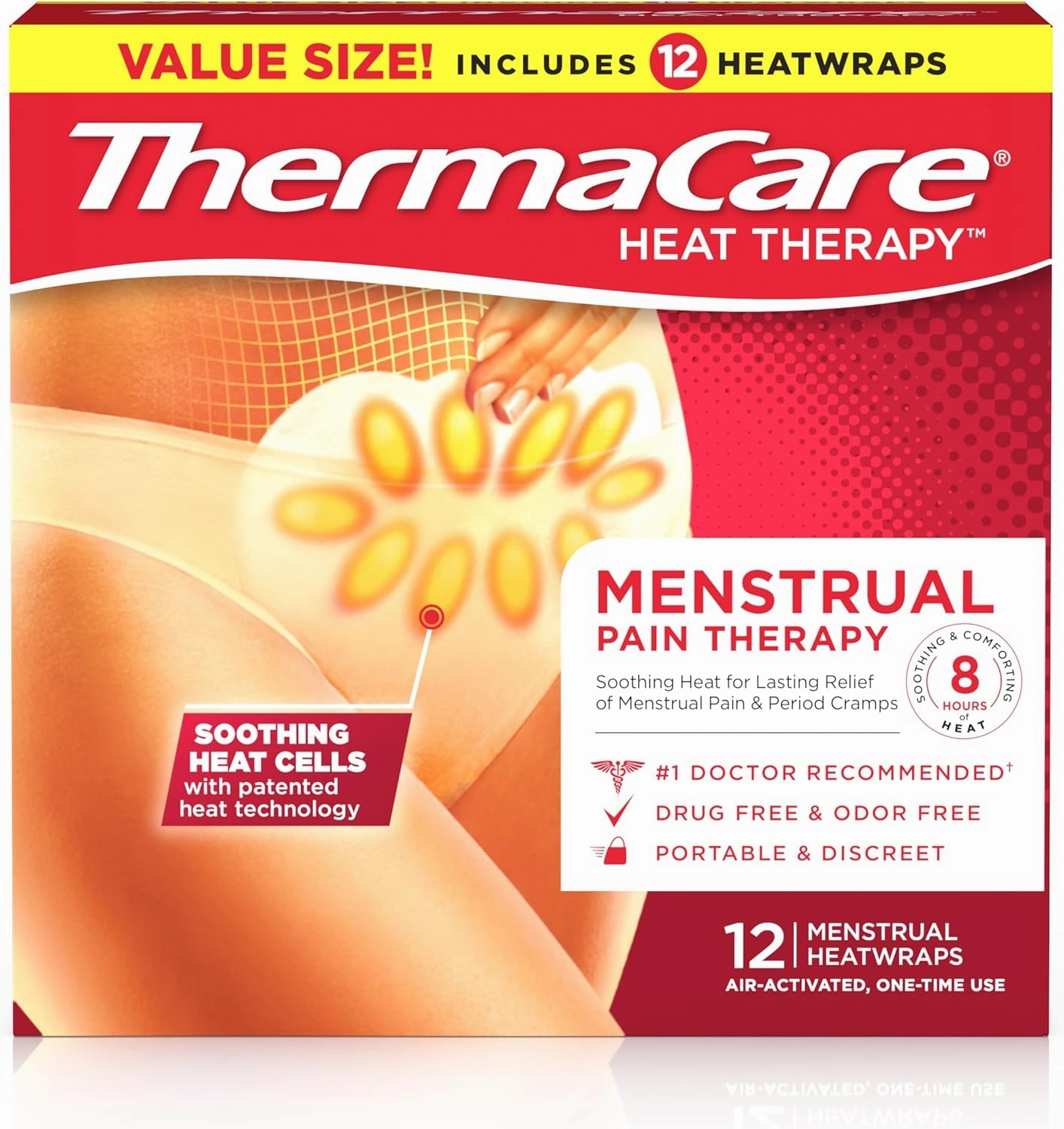 ThermaCare Portable Menstrual Heating Pad, Adhesive Period Therapy Heat Patches for Cramps and Backache Relief, HSA/FSA Eligible & Approved, 12 Count