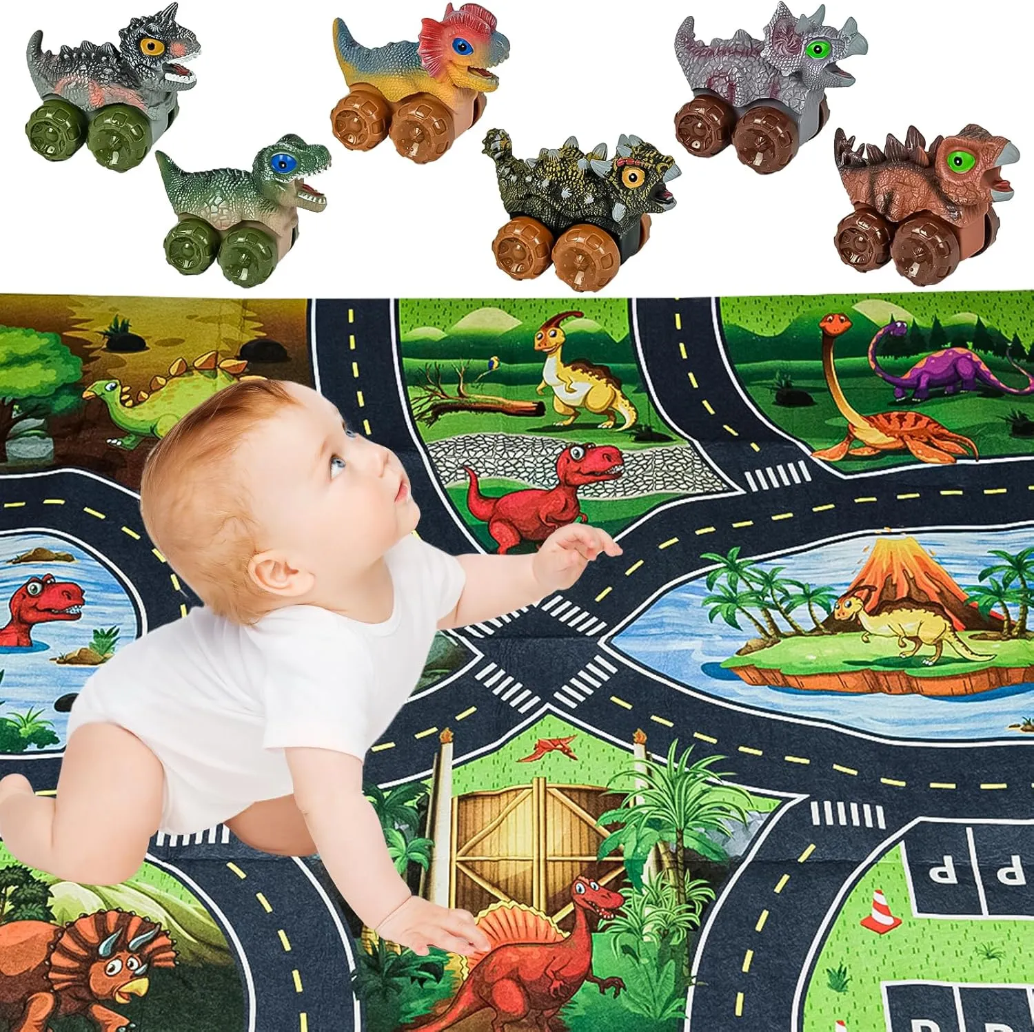 Timy 7 in 1 Dinosaur Toys for Kids 3-5 Push Go Cars with Carpet Playmat Dinosaur Car for 3 Year Old Boys Girls and Toddlers Toy Cars First Birthday Gifts Dino Toys
