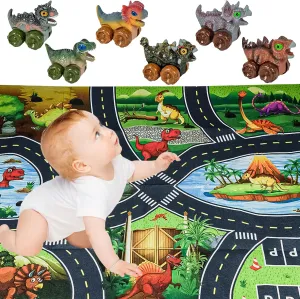 Timy 7 in 1 Dinosaur Toys for Kids 3-5 Push Go Cars with Carpet Playmat Dinosaur Car for 3 Year Old Boys Girls and Toddlers Toy Cars First Birthday Gifts Dino Toys
