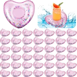 Tioncy 40 Pack Inflatable Drink Holder Floaties Pool Floats Heart Shaped Cup Holders Decorations Accessories for Summer Ring Swimming Pool Bar Bachelorette Adult Water Beach Party(Rose Gold)