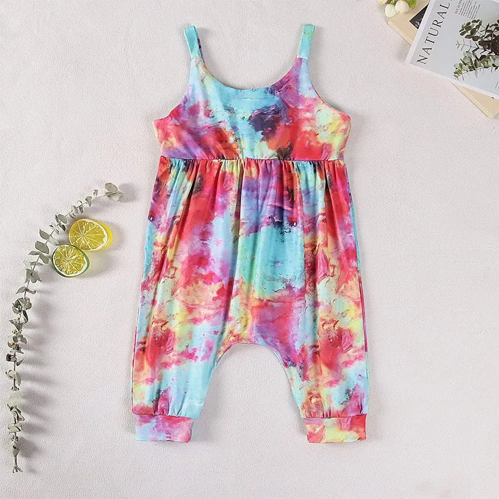 Toddler Baby Girl Jumpsuit One Piece Dinosaur Sleeveless Strap Romper Harem Pant with Pockets Summer Outfit Clothes