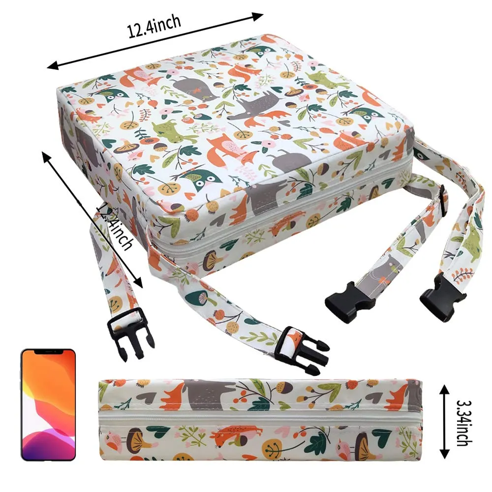 Toddler Booster Seat Dining, Cartoon Canvas Washable 2 Straps Safety Buckle Kids Booster Seat for Dining Table, Portable Travel Increasing Cushion (Animals-White)