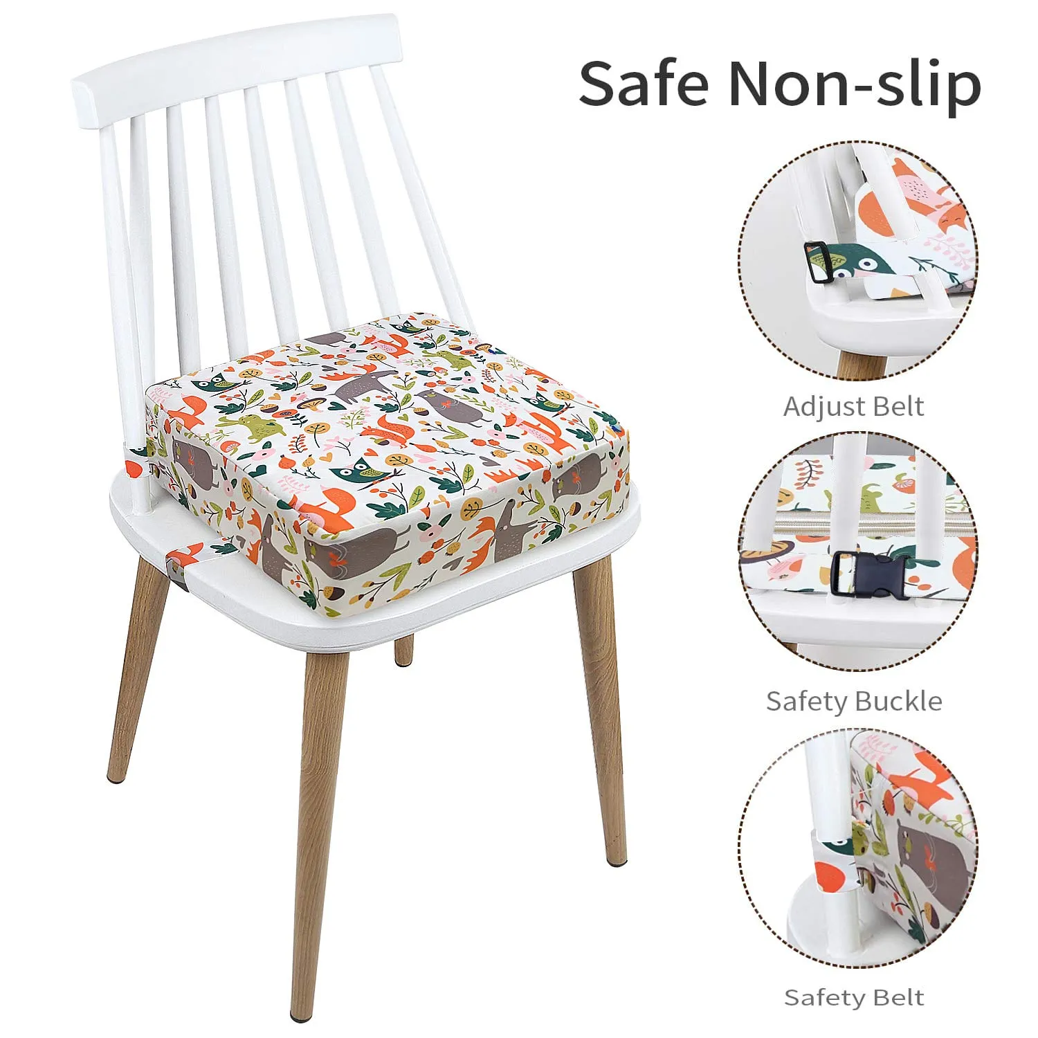 Toddler Booster Seat Dining, Cartoon Canvas Washable 2 Straps Safety Buckle Kids Booster Seat for Dining Table, Portable Travel Increasing Cushion (Animals-White)