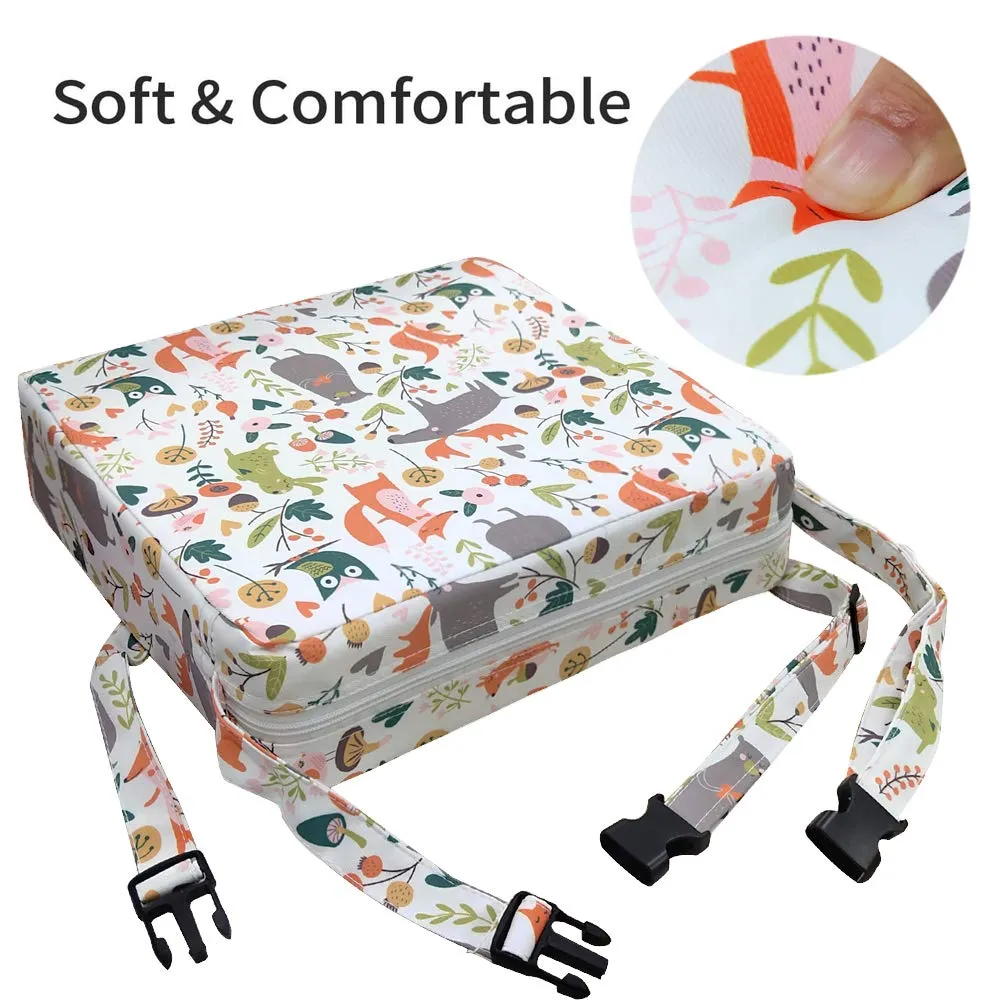 Toddler Booster Seat Dining, Cartoon Canvas Washable 2 Straps Safety Buckle Kids Booster Seat for Dining Table, Portable Travel Increasing Cushion (Animals-White)