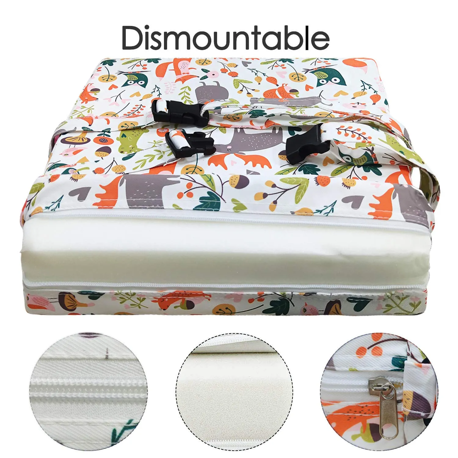Toddler Booster Seat Dining, Cartoon Canvas Washable 2 Straps Safety Buckle Kids Booster Seat for Dining Table, Portable Travel Increasing Cushion (Animals-White)