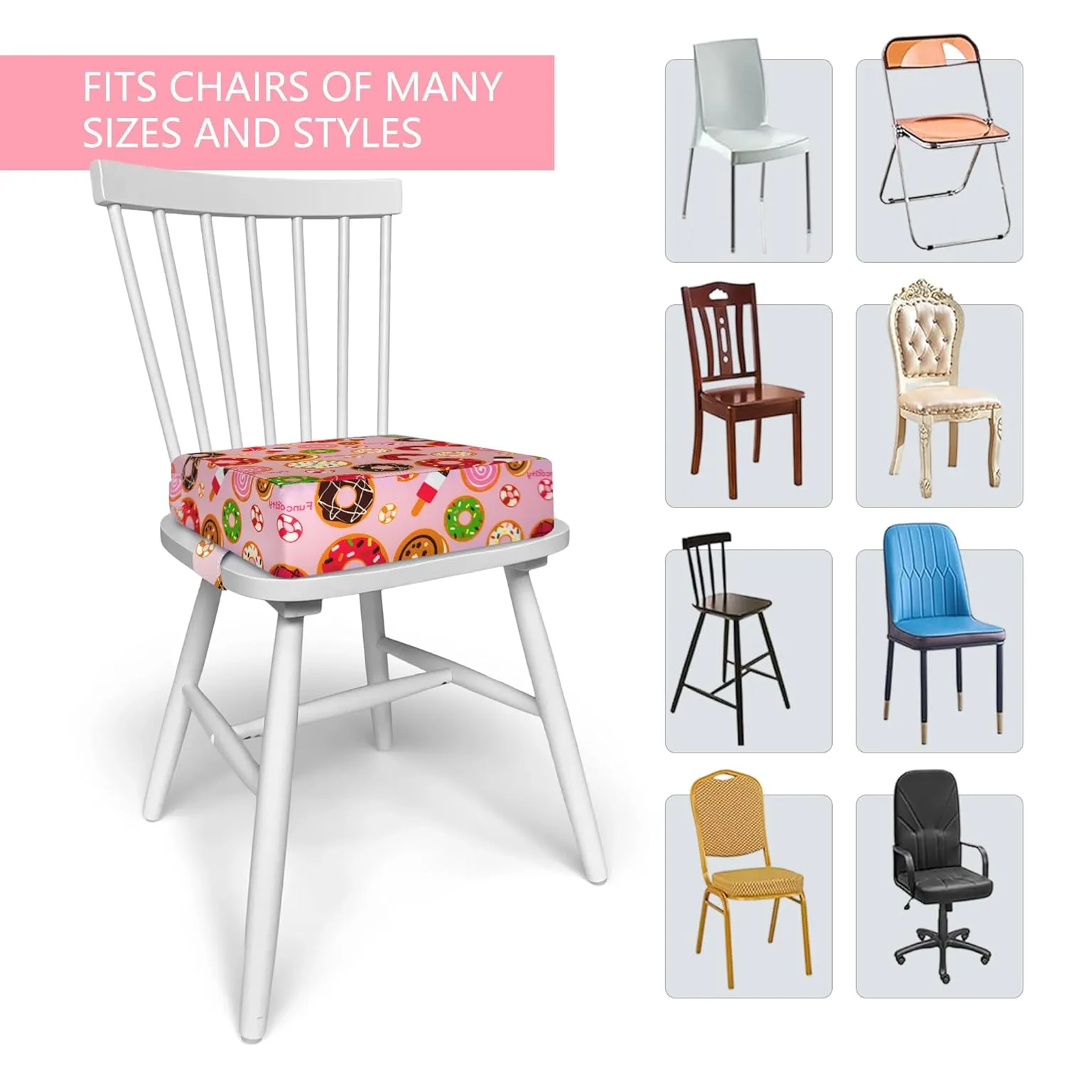 Toddler Booster Seat for Dining Table, Portable Booster Seat for Kitchen Chair, 4 Inch High-Density Foam Cushion with Adjustable Safety Straps and Non-Slip Bottom, Perfect for Kids Travel and Daily