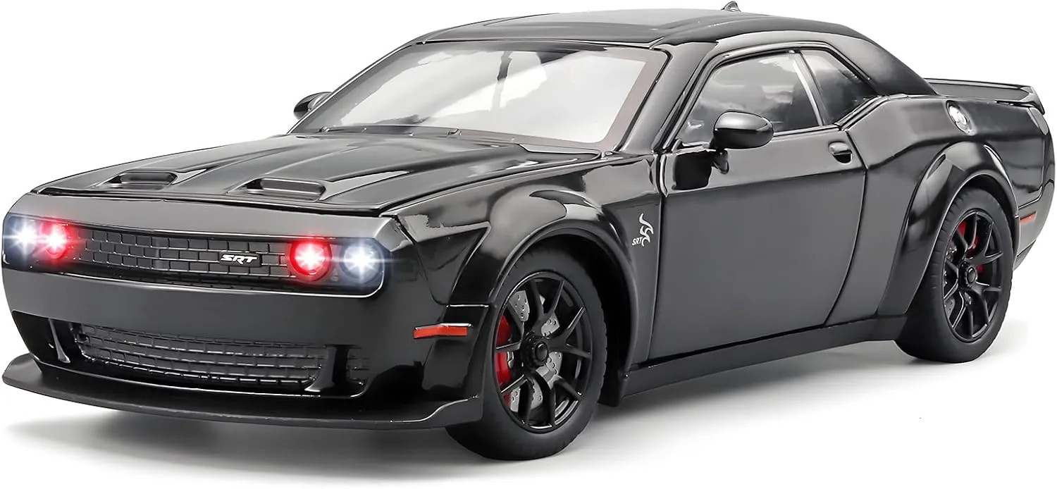 Toddler Toy Cars 1/24 Challenger Hellcat Die Cast Metal Toy Car,Collectible Cars Hellcat Model Car Boy Gifts,Pull Back Toy Car with Light and Sound,Toy Cars for Boys Age 4-7(Black)