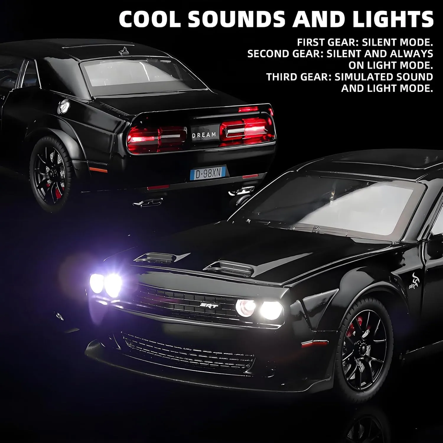 Toddler Toy Cars 1/24 Challenger Hellcat Die Cast Metal Toy Car,Collectible Cars Hellcat Model Car Boy Gifts,Pull Back Toy Car with Light and Sound,Toy Cars for Boys Age 4-7(Black)