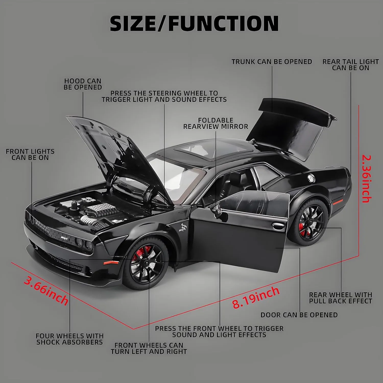 Toddler Toy Cars 1/24 Challenger Hellcat Die Cast Metal Toy Car,Collectible Cars Hellcat Model Car Boy Gifts,Pull Back Toy Car with Light and Sound,Toy Cars for Boys Age 4-7(Black)