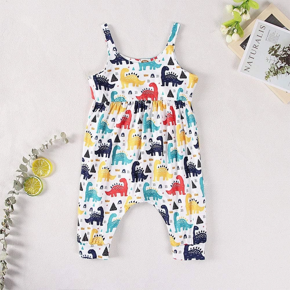 Toddler Baby Girl Jumpsuit One Piece Dinosaur Sleeveless Strap Romper Harem Pant with Pockets Summer Outfit Clothes