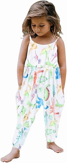 Toddler Baby Girl Jumpsuit One Piece Dinosaur Sleeveless Strap Romper Harem Pant with Pockets Summer Outfit Clothes