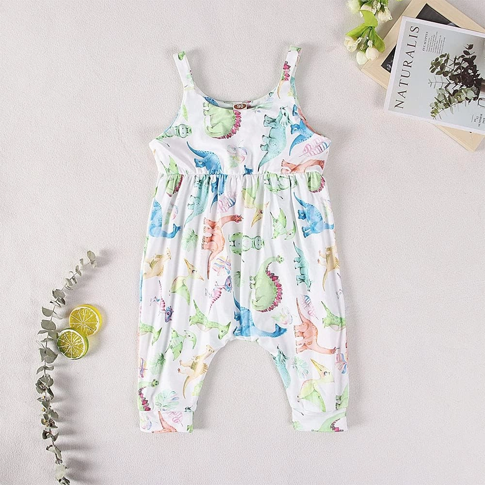 Toddler Baby Girl Jumpsuit One Piece Dinosaur Sleeveless Strap Romper Harem Pant with Pockets Summer Outfit Clothes