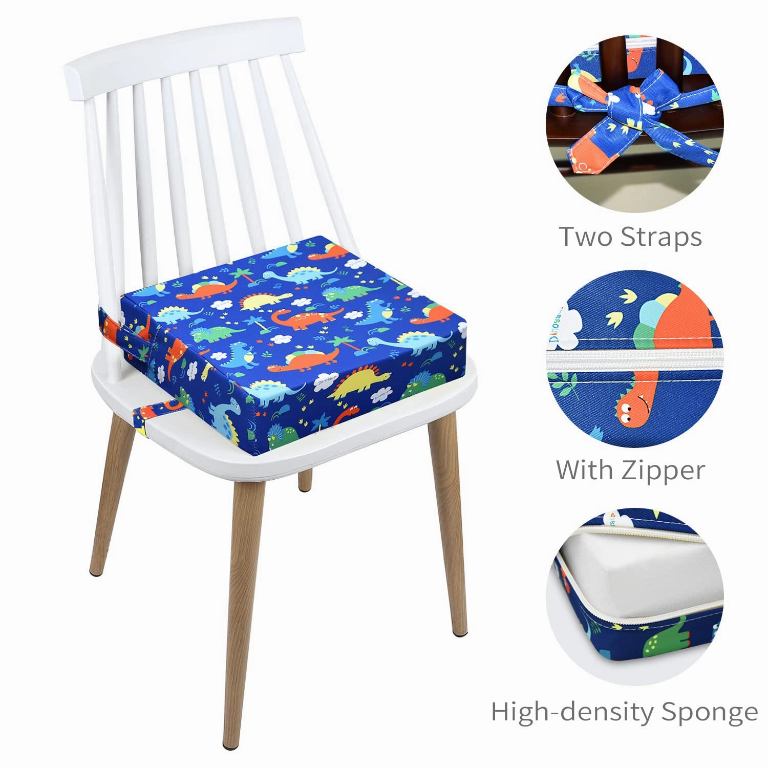Toddler Booster Seat for Dining Double Straps Washable Portable Thick Chair Increasing Cushion for Baby Kids (Dinosaur Blue)