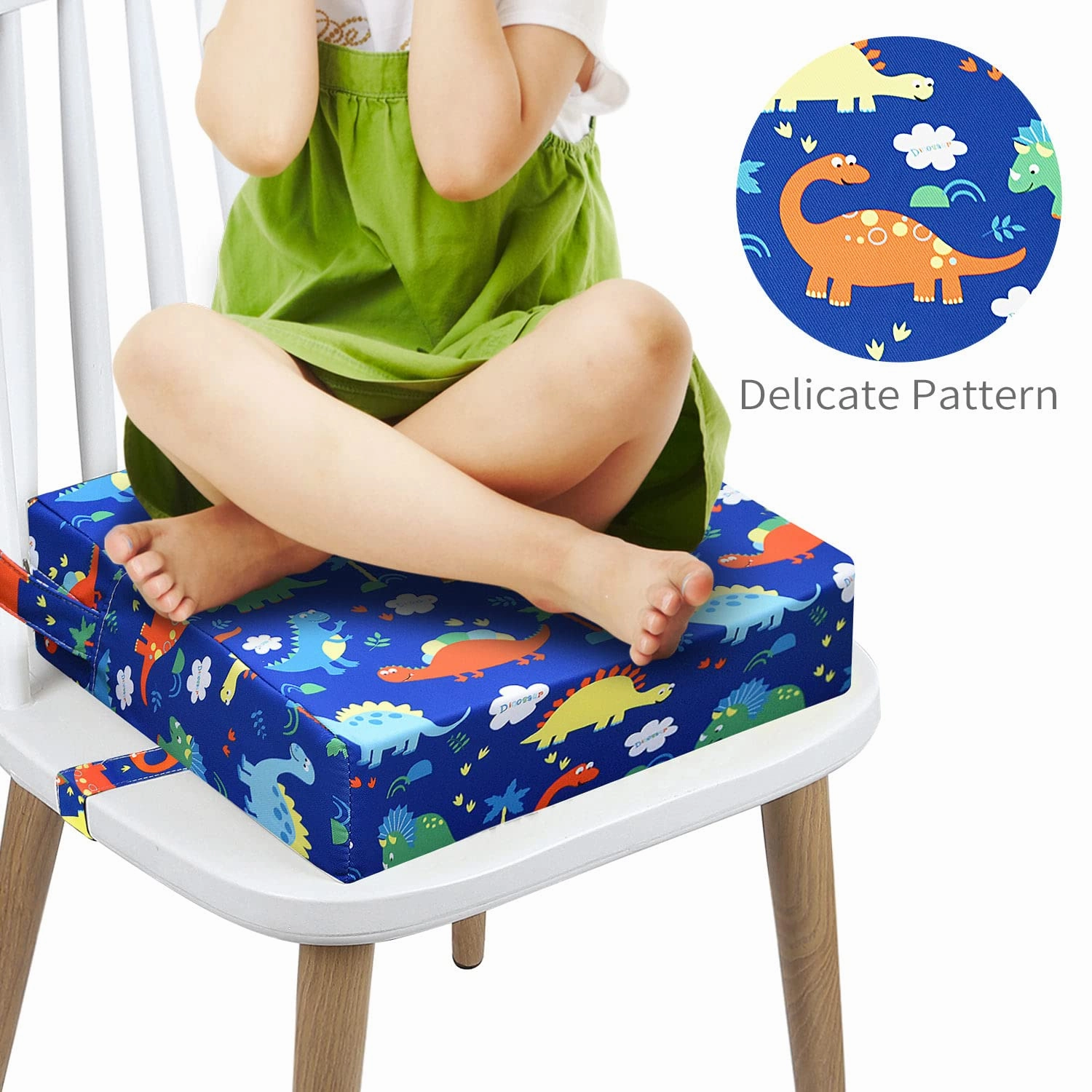 Toddler Booster Seat for Dining Double Straps Washable Portable Thick Chair Increasing Cushion for Baby Kids (Dinosaur Blue)