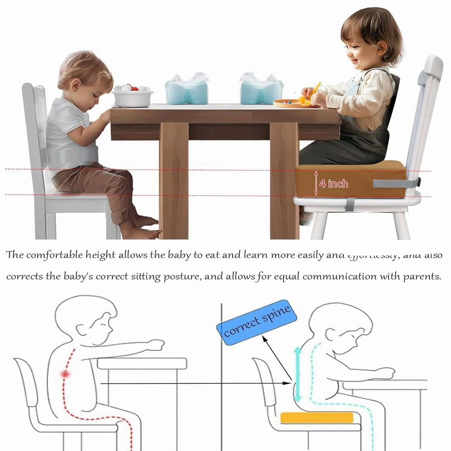 Toddler Booster Seat for Dining Table, 2 Elastic Seat Belts, Anti-Scratch PU Skin-Friendly, Waterproof, Anti-Wrinkle, Detachable Non-Slip Bottom - Brown