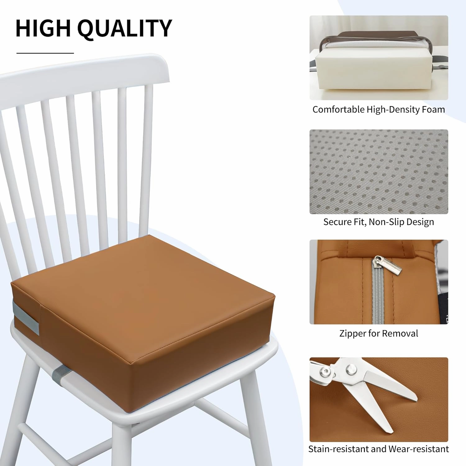 Toddler Booster Seat for Dining Table, 2 Elastic Seat Belts, Anti-Scratch PU Skin-Friendly, Waterproof, Anti-Wrinkle, Detachable Non-Slip Bottom - Brown