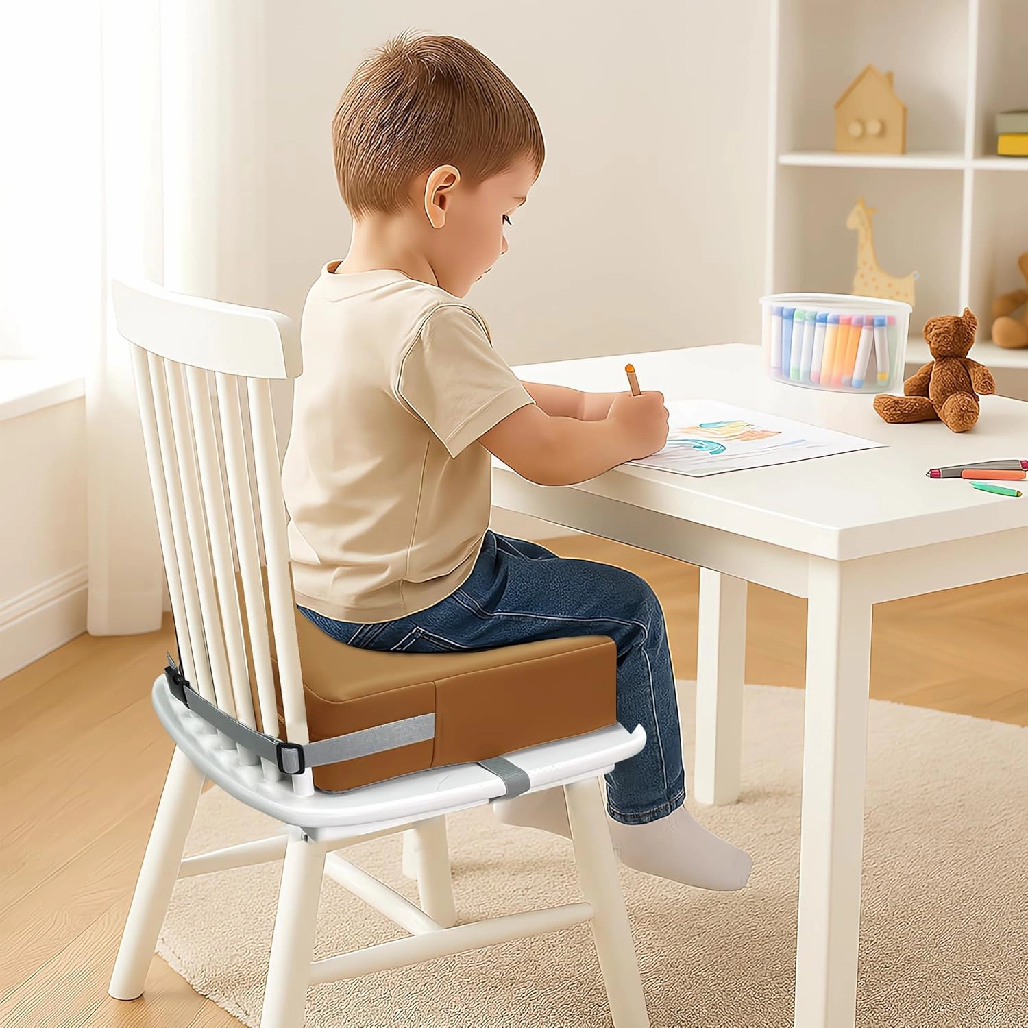 Toddler Booster Seat for Dining Table, 2 Elastic Seat Belts, Anti-Scratch PU Skin-Friendly, Waterproof, Anti-Wrinkle, Detachable Non-Slip Bottom - Brown