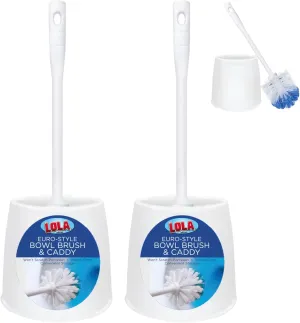 Toilet Brush and Holder Set, by Lola Products, Classic Version, Durable Bristles for Deep Cleaning, w/Compact Space Saving Storage Holder, 2 Pack