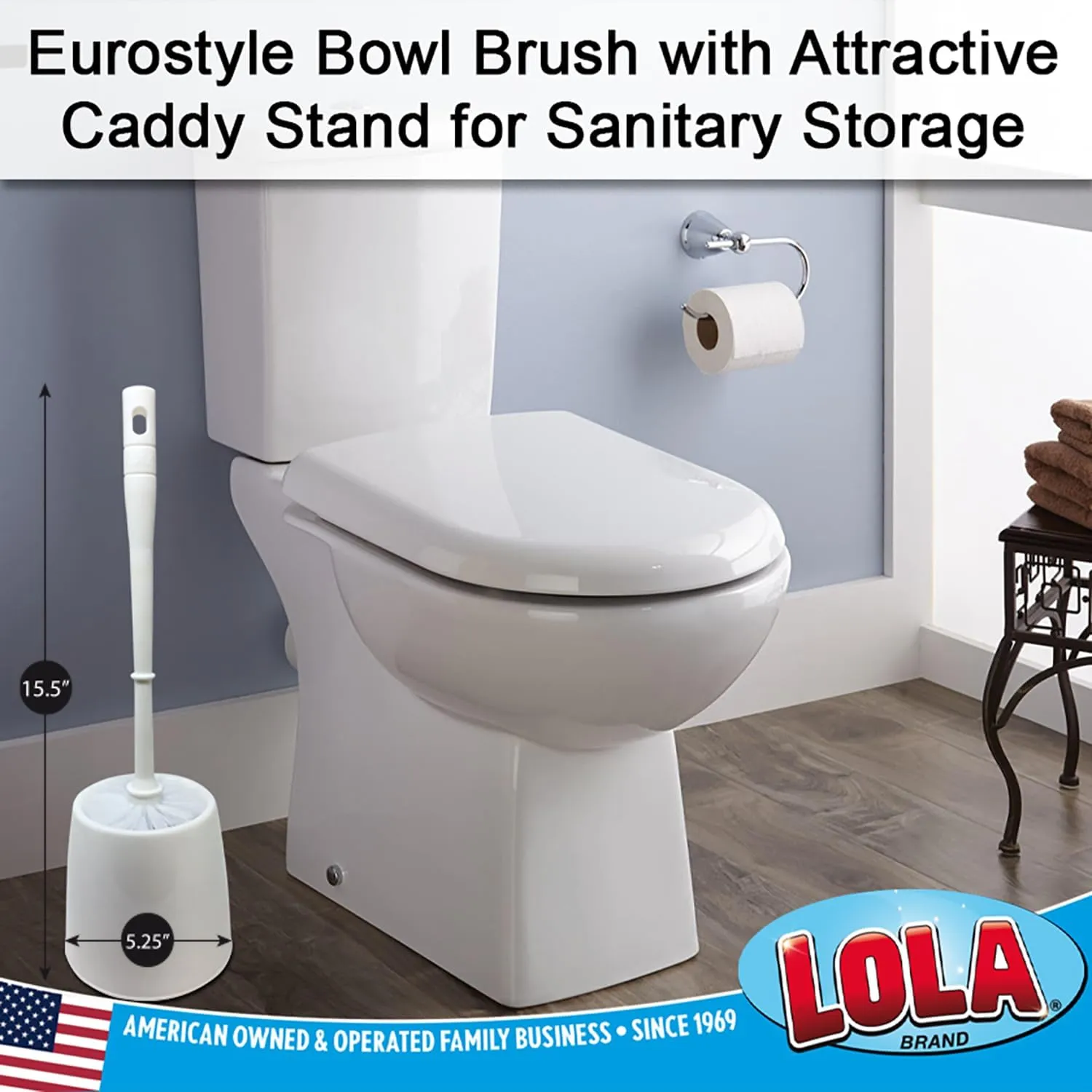 Toilet Brush and Holder Set, by Lola Products, Classic Version, Durable Bristles for Deep Cleaning, w/Compact Space Saving Storage Holder, 2 Pack