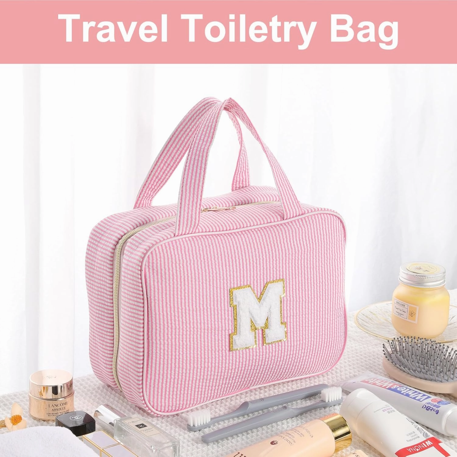 TOPEAST Initial Makeup Bag - Travel Toiletry Bag for Women, Personalized Birthday Gifts for Women Teen Girls Sister Daughter, Travel Tolietry Bag Monogramme Makeup Bag - Letter M, Blue