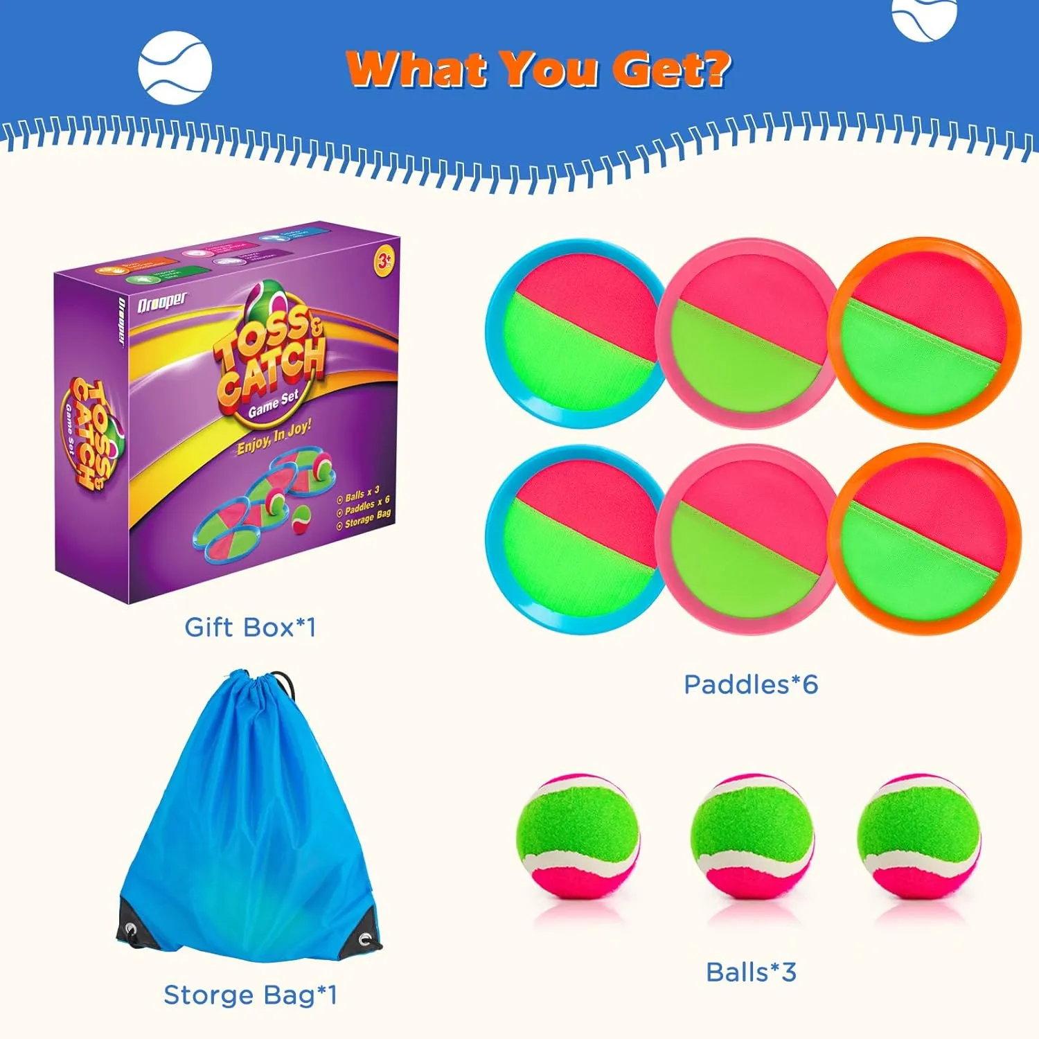 Toss and Catch Ball Set for Kids Outdoor Beach Toys Pool Toys Ball and Catch Game with 6 Paddles and 3 Balls Outdoor Yard Games for 4-12 Years Old Boys Girls Adults Family Easter Gifts