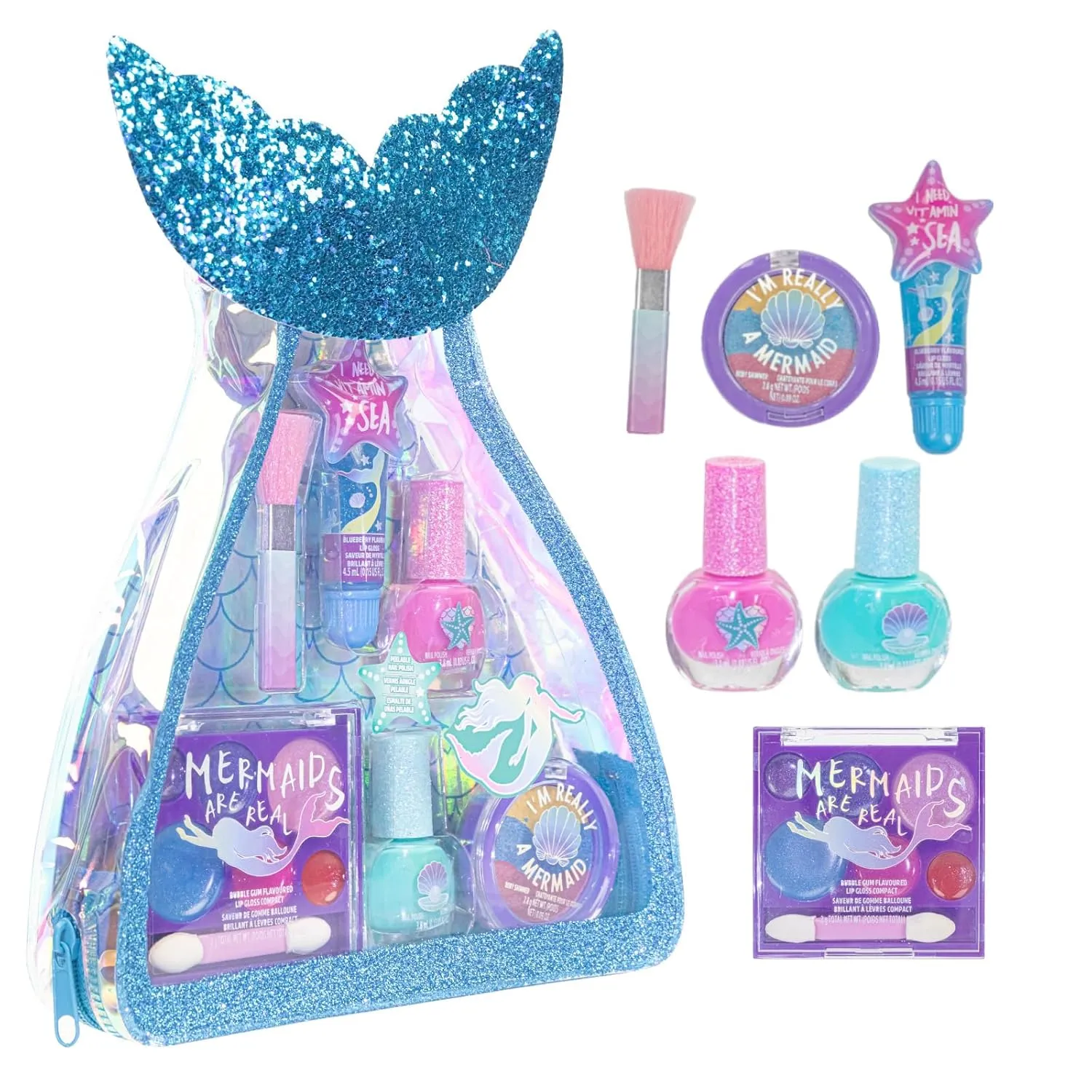 Townley Girl Mermaid Vibes Makeup Set with 8 Pieces, Including Lip Gloss, Nail Polish, Body Shimmer and More in Mermaid Bag, Ages 3  for Parties, Sleepovers and Makeovers