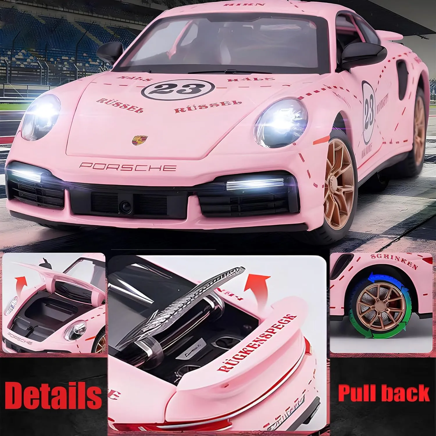 Toy Car Model Porsche 911 Turbo S Car Ornaments, Alloy Diecast Car Toy with Display Base, Pull Back Car Toys with Light & Sound for Kids Age 4-8 Girls Gift Pink