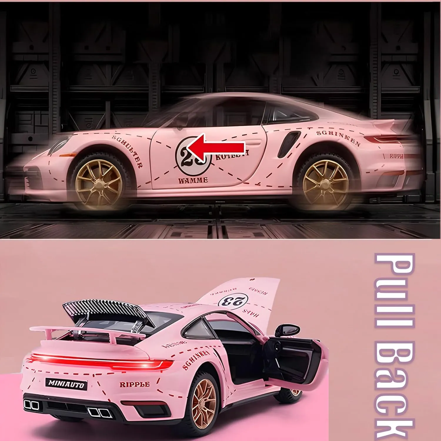 Toy Car Model Porsche 911 Turbo S Car Ornaments, Alloy Diecast Car Toy with Display Base, Pull Back Car Toys with Light & Sound for Kids Age 4-8 Girls Gift Pink