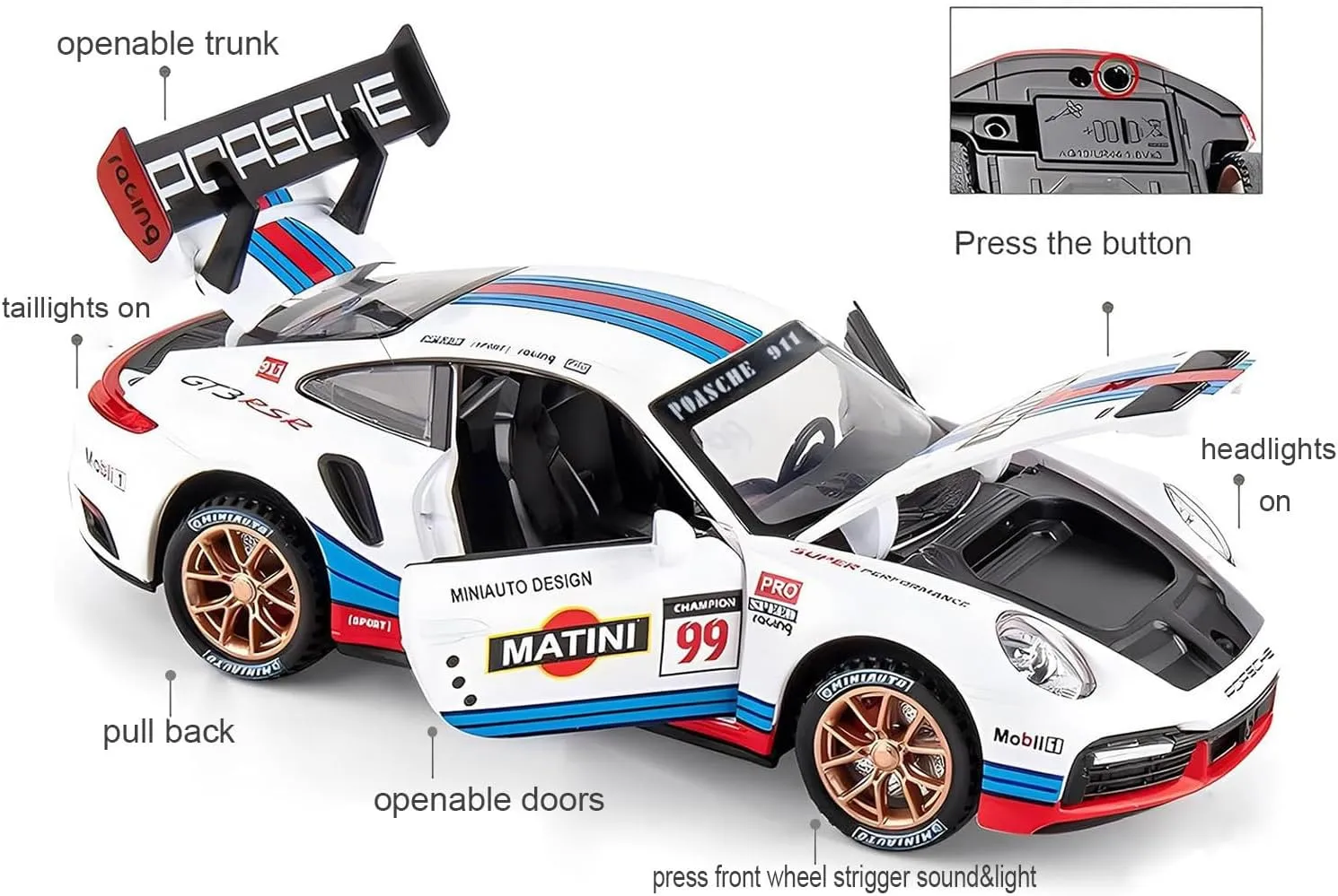 Toy Cars Porsche 911 GT3 RS RSR Turbo S Diecast Model Cars,Pull Back Car with Light and Sound Sports Race Car for Boys Age 4-7 Gifts White Blue