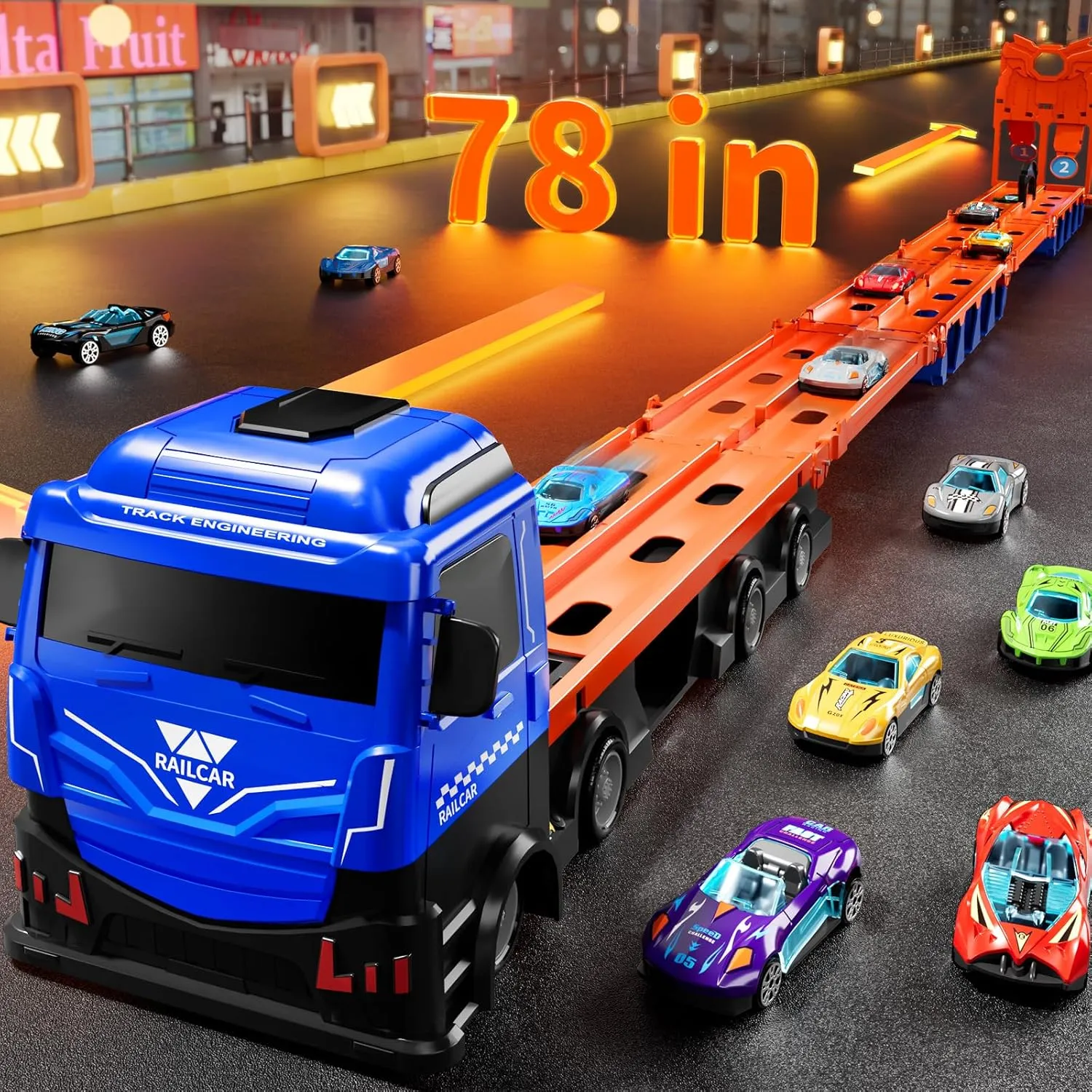 Toy Truck for 3 4 5 6 Years Old Kids Boys, 78-Inch Race Track Transport Vehicle and 12 Die-Cast Metal Toy Cars, Carrier Truck Toddler Truck Car Toys Set Gifts for Age 3-12 Years Old Kids Boys
