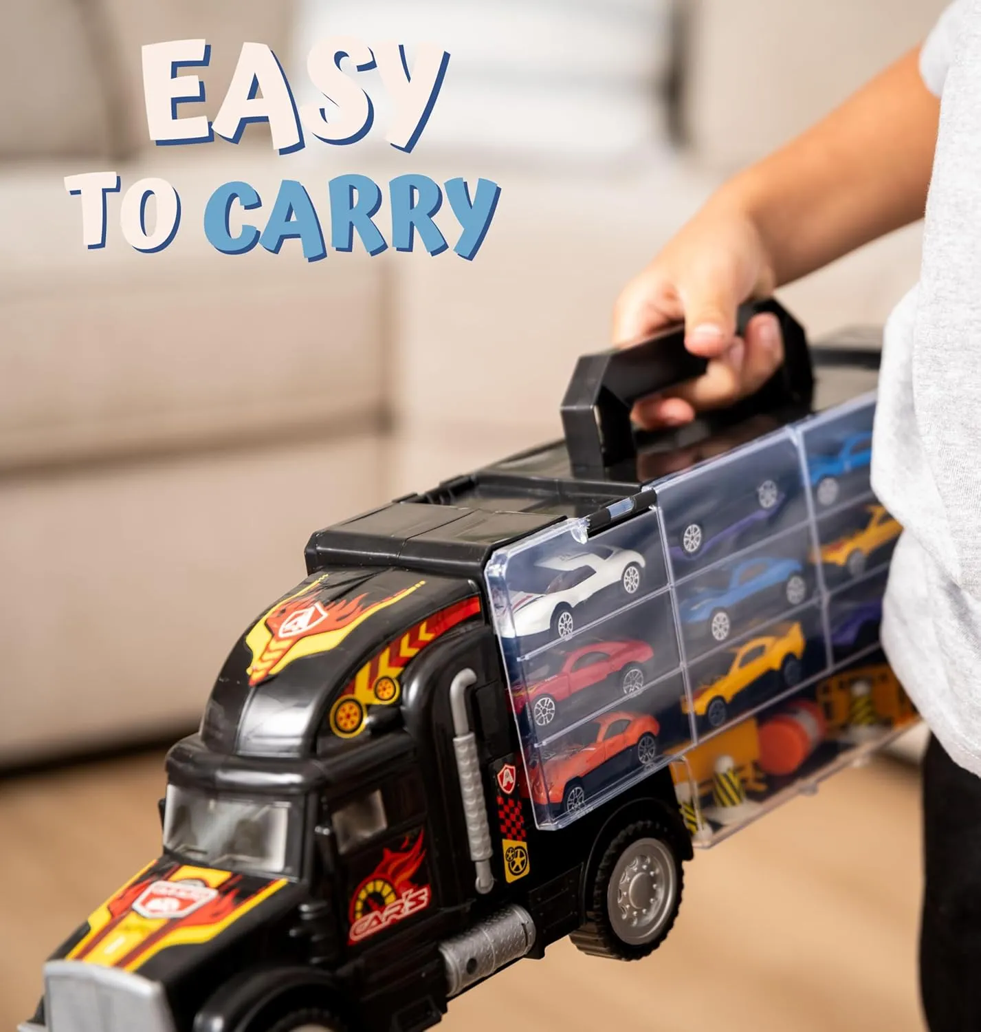 Toy Truck Transport Car Carrier Toy for Boys and Girls Age 3-10 yrs Old - Hauler Truck Includes 12 Toy Cars and Accessories - Car Truck Fits 28 Car Slots - Ideal Gift for Kids