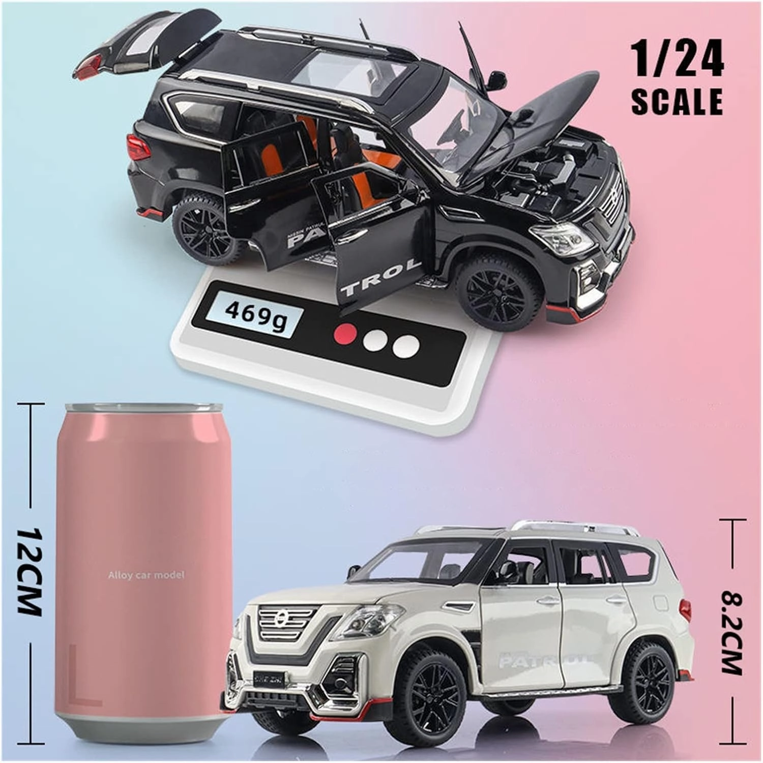 Toy car Model 1:24 for Nissan Patrol Alloy Car Model Light Sound Effect Diecast Car Toys for Gift (Color : Black)