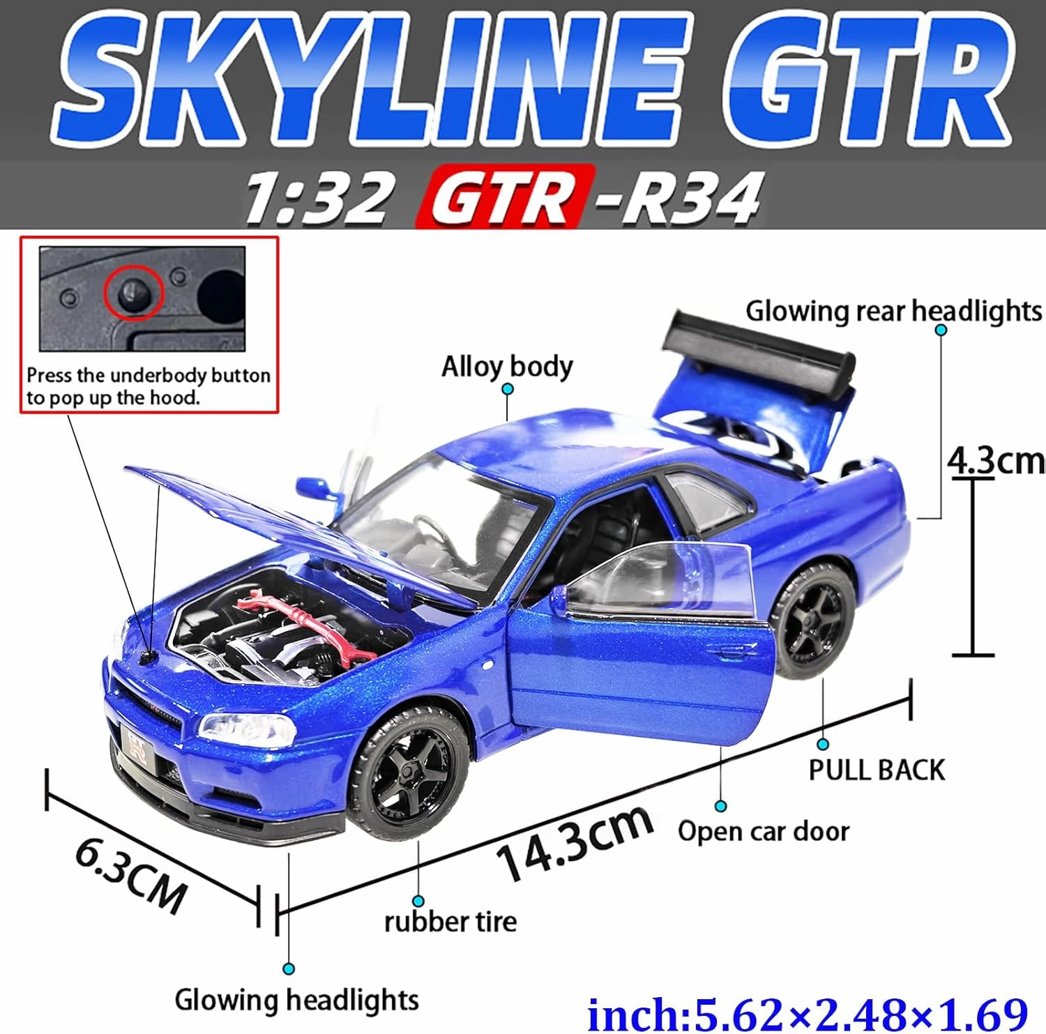 Toy Car Skyline GTR R34 Model car 1/32 Die-cast Toy Cars Metal Model Car Toys with Light and Sound Pull Back Collectible Model for Children Age 3   Year Old Festival Gift(Blue)