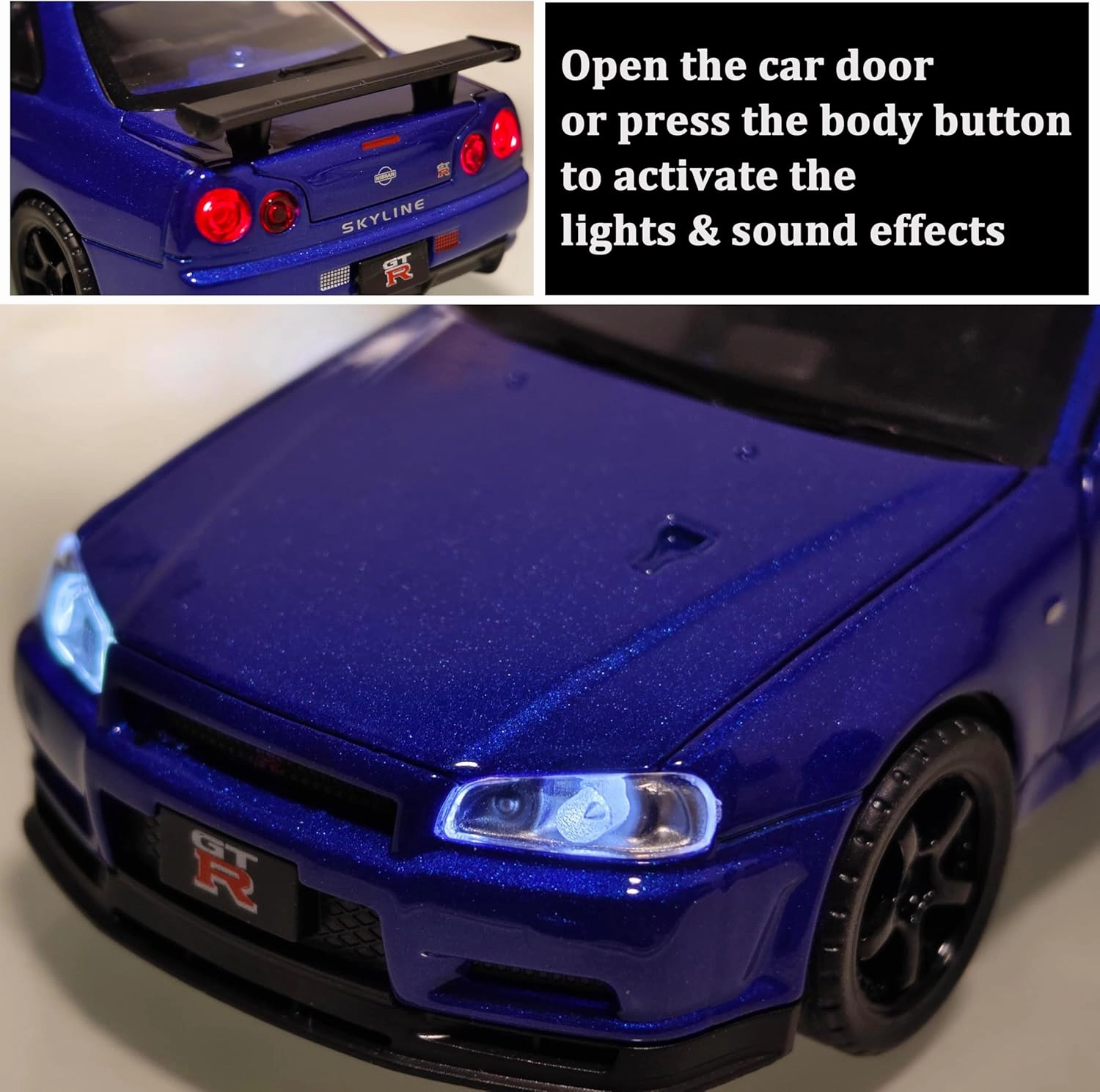 Toy Car Skyline GTR R34 Model car 1/32 Die-cast Toy Cars Metal Model Car Toys with Light and Sound Pull Back Collectible Model for Children Age 3   Year Old Festival Gift(Blue)