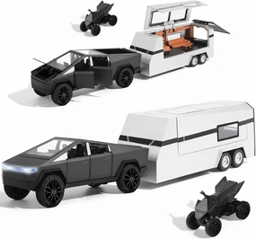 Toy RV with Mars Pickup Trailer for Boys Toy Trucks, Car Trailer Model with Sound, Lights, Pull Back Feature, Truck and Trailer Toys for Boys, Ideal Gift for Kids and Adults (Black)