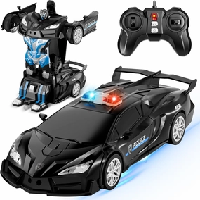 Transform Toys RC Car with One-Button Deformation and 360 Rotating, 2.4Ghz 1:18 Scale Transforming Robot Police Car for Ages 4-12, Girls & Boys (Black)