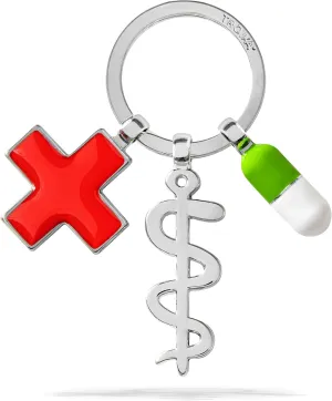 TROIKA key ring "get well", shiny chrome plated, key ring with 3 charms: Asclepius staff, red cross and pill, the original by TROIKA