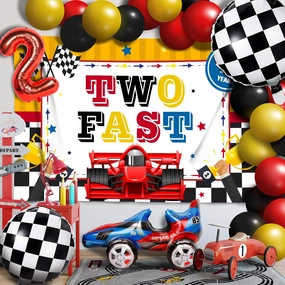 Two Fast Balloons Race Car Set Decor - Happy 2nd Birthday Party Theme Banner Backdrop Racing Car Checkered Flag Decorations For Baby Shower Supplies