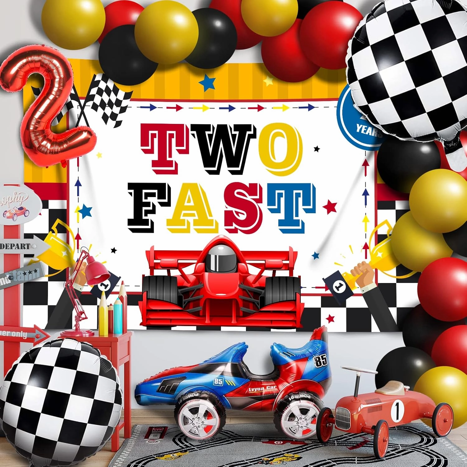 Two Fast Balloons Race Car Set Decor - Happy 2nd Birthday Party Theme Banner Backdrop Racing Car Checkered Flag Decorations For Baby Shower Supplies