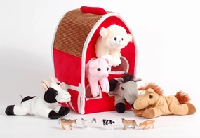 Unipak 12" Plush Red Barn Playset with 5 Beanie Animals -Lamb, Pig, Cow, Gray Horse and Brown Horse   5 Bonus Farm Animal Figures