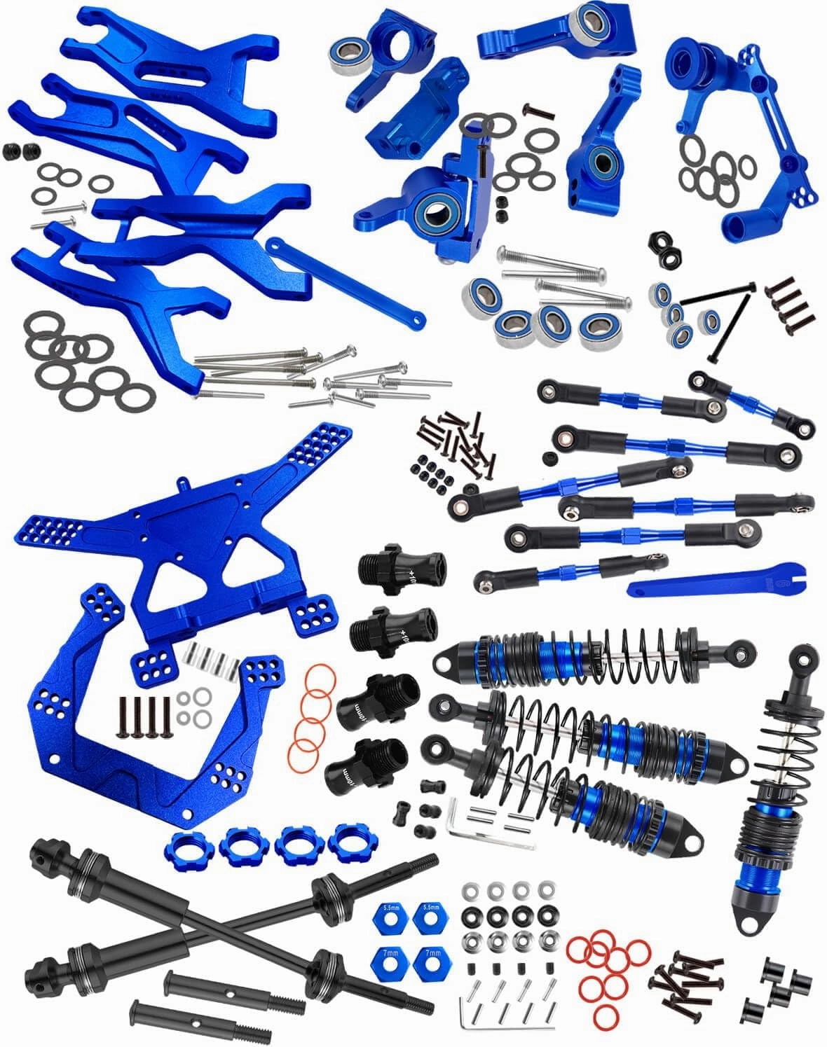 Upgrades for 1/10 Slash 2WD(VXL),RC Shocks,Suspension Arm,Caster Block,Steering Blocks,Stub Axle Carriers,Steering Bellcranks,Shock Tower,Camber Links,Drive Shaft,Hex Hub Adapters,Navy Blue