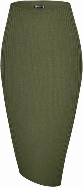 Urban CoCo Women's High Waist Stretch Ribbed Knit Pencil Skirt Midi Length with Side Slit Office Work Bodycon Style