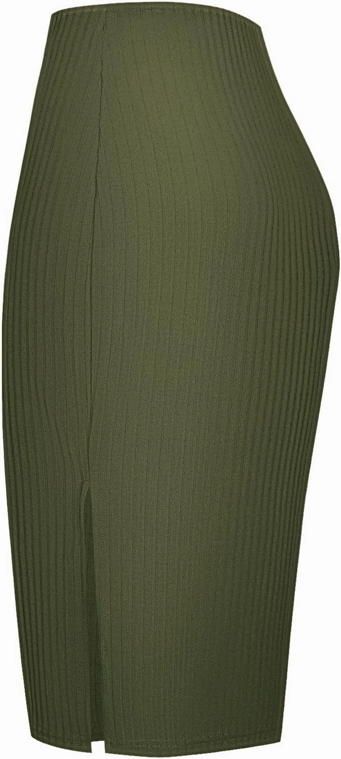 Urban CoCo Women's High Waist Stretch Ribbed Knit Pencil Skirt Midi Length with Side Slit Office Work Bodycon Style