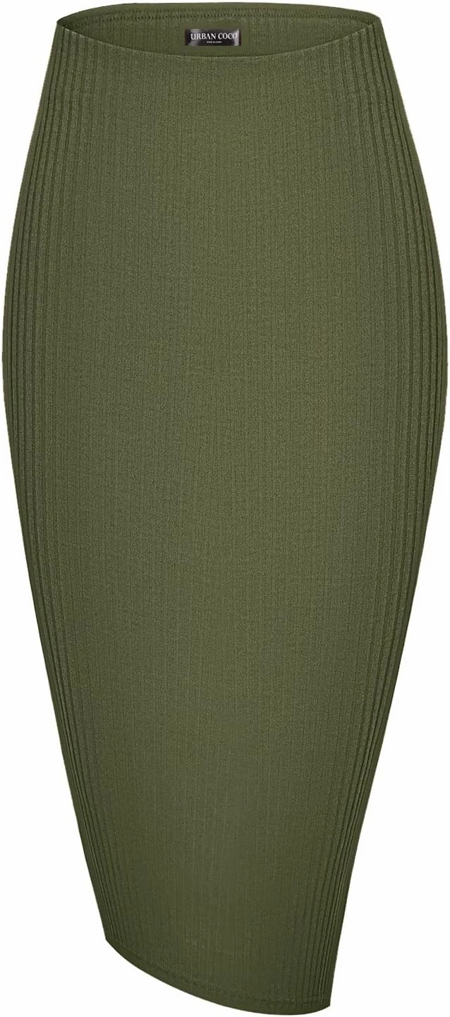 Urban CoCo Women's High Waist Stretch Ribbed Knit Pencil Skirt Midi Length with Side Slit Office Work Bodycon Style