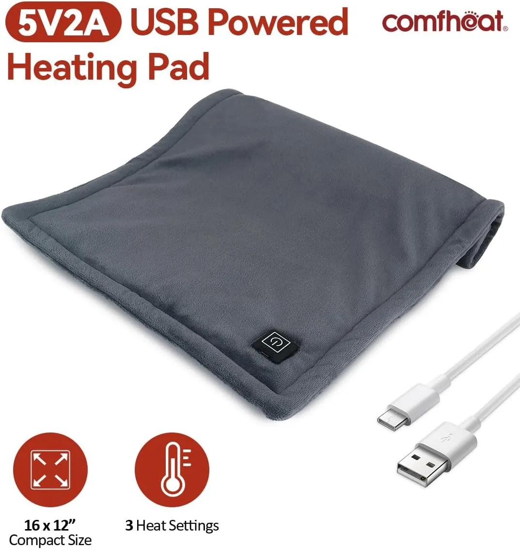 USB Plug-in Heating Pad, 5V Heated Pads, FSA HSA Eligible 3 Heat Settings & Auto Shut Off, Warm Therapy for Pain Relief Abdomen Cramps (16"x 12") Non-Chargeable