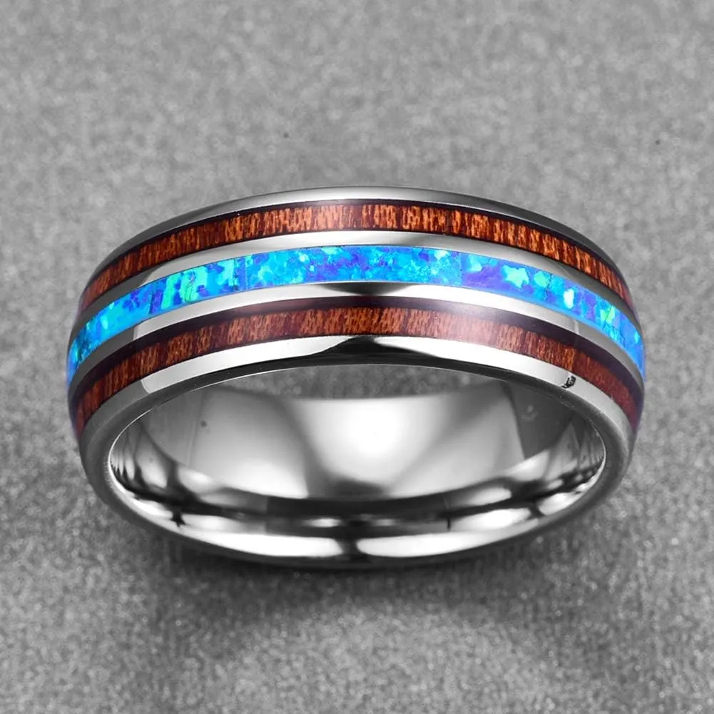 Vakki 6mm 8mm Hawaiian Koa Wood Tungsten Rings for Men Blue Created Opal Wedding Band Dome Style Comfort Fit Size 6-14