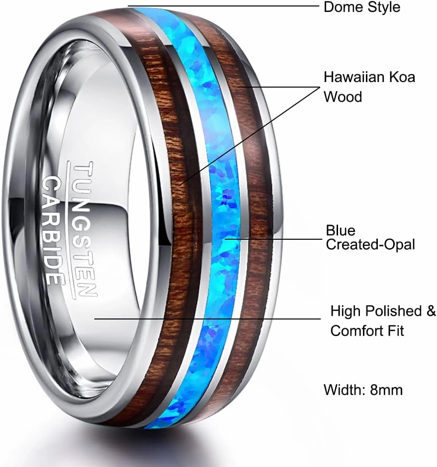 Vakki 6mm 8mm Hawaiian Koa Wood Tungsten Rings for Men Blue Created Opal Wedding Band Dome Style Comfort Fit Size 6-14